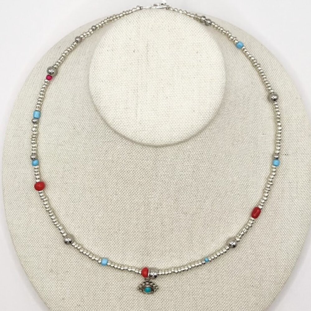 Handmade Silver Beaded Necklace with Scosha Turquoise Eye Pendant - Picture 1 of 2